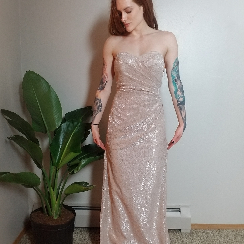 Long Strapless Lace Dress with Sweetheart Neckline